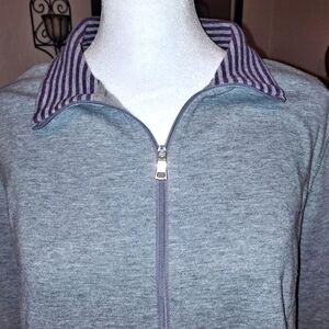 Croft & Barrow Cartigan Sweater Grey with Purple Stripes Collared Zipper EUC